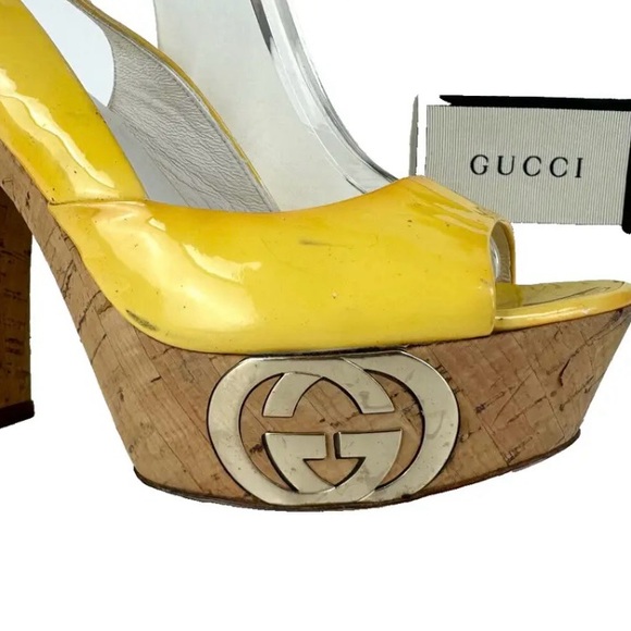 Gucci Auth 4.5 US 34.5 EU Yellow Patent Leather Peeptoe Cork Heels Shoes Runway - Picture 4 of 13